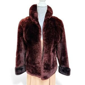 VINTAGE SEARS Fashion Faux Fur Jacket‎ Deep Burgundy Plush 1970s Rich Aunt Coat